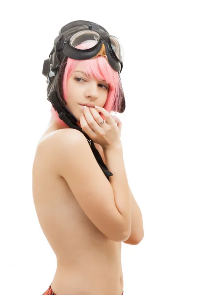 Chica de pelo rosa topless en casco de aviador — Foto de Stock
