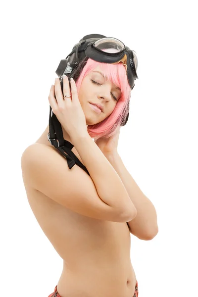 Topless pink hair girl in aviator helmet — Stock Photo, Image