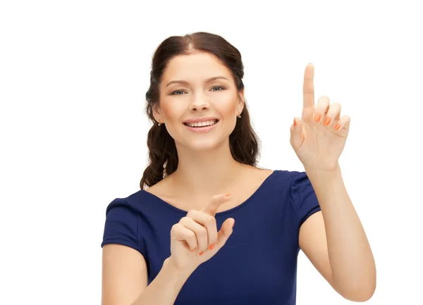 Woman with her finger up — Stock Photo, Image