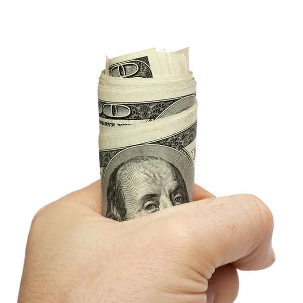 Mão segurando um punhado de dólares . — Fotografia de Stock
