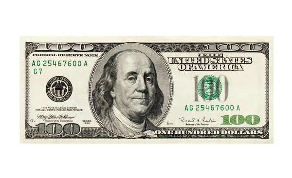 One hundred dollar bills U.S. isolated on white