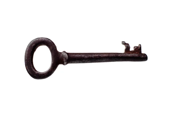 Starý dlouho rezavý klíč izolovaných na bílém — Stock fotografie