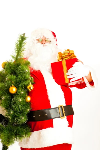Santa med nutid och julgran — Stockfoto