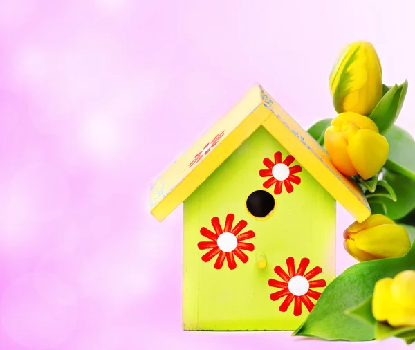 Nestbox and yellow tulips — Stock Photo, Image
