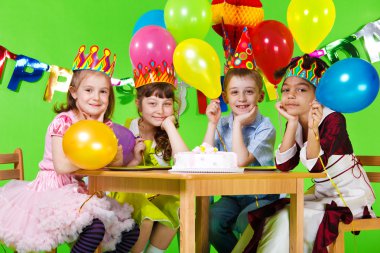 Kids group and birthday cake clipart