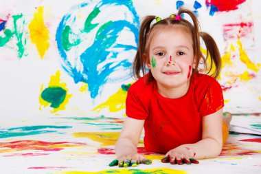 School aged girl in red clothing clipart