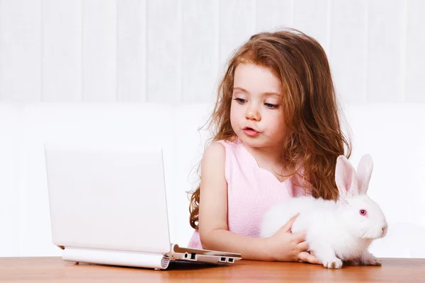 Menina com laptop e coelho — Fotografia de Stock
