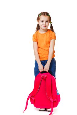 Kid holding backpack clipart