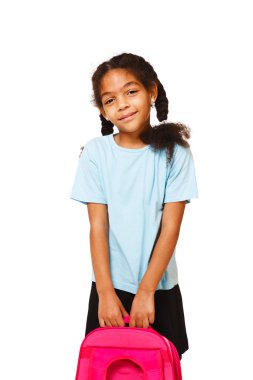 Girl holding school backpack clipart