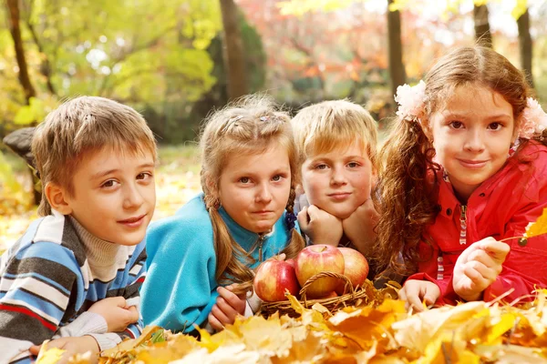 Joyful kids lying on autumnal leaves — Stock Photo, Image