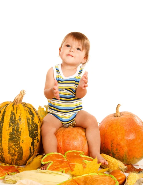 Baby sitting on the pumpkin — Stock Photo, Image