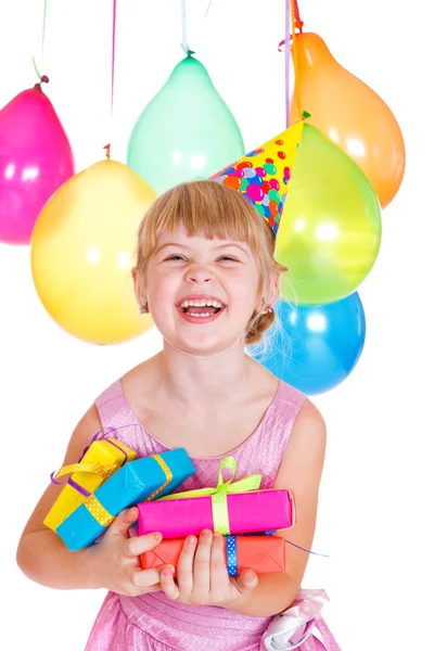 Criança com presentes de aniversário — Fotografia de Stock