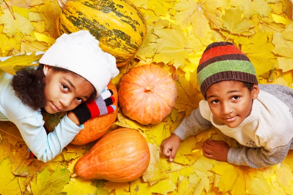 Brother and sister with autumnal harvest — Stock Photo, Image