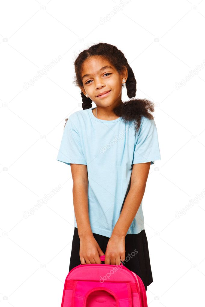 Girl holding school backpack