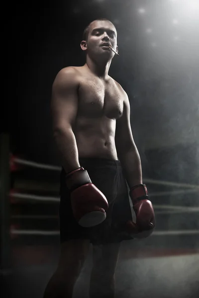 Portrét atraktivní boxer v temnotách — Stock fotografie