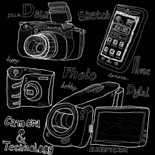 Фотоаппарат и технологический эскиз — стоковое фото