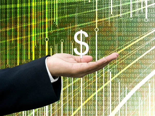 Businessman take profits with abstract digital data background — Stock Photo, Image