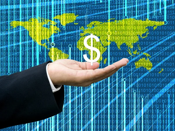 Biznesmen ręka trzymać Dolar z cyfrowym chcieliby mapa tła — Zdjęcie stockowe