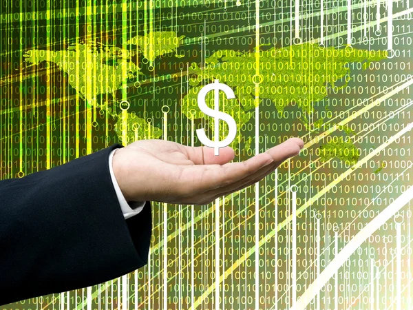 La mano del hombre de negocios lleva el icono del dólar con fondo de mapa digital wold — Foto de Stock
