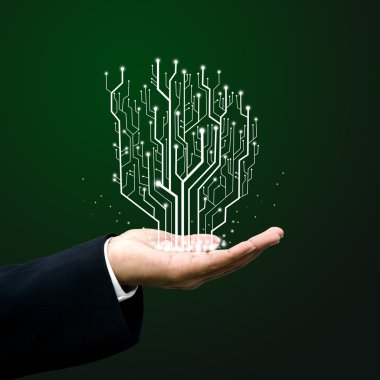 Circuit Board line on businessman's hand clipart