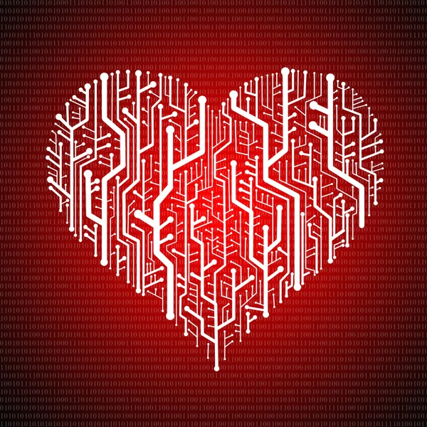 Placa de circuito em forma de coração, fundo de tecnologia — Fotografia de Stock