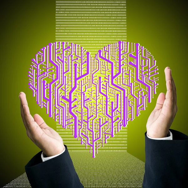 Mão de negócios levar a placa de circuito em forma de coração com fundo de dígito — Fotografia de Stock