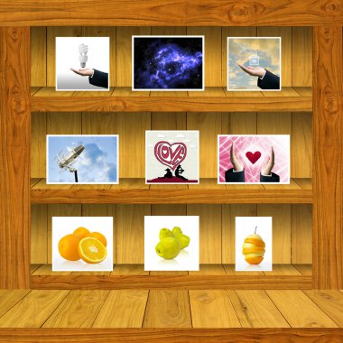 Wood shelf with stock photo inside clipart