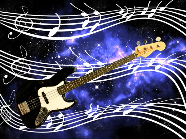 Bass guitar and note in the deep space — Stock Photo, Image