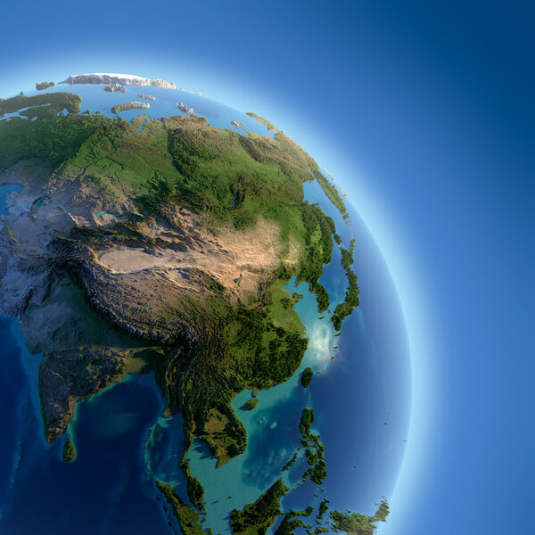 Earth with high relief, illuminated by the sun