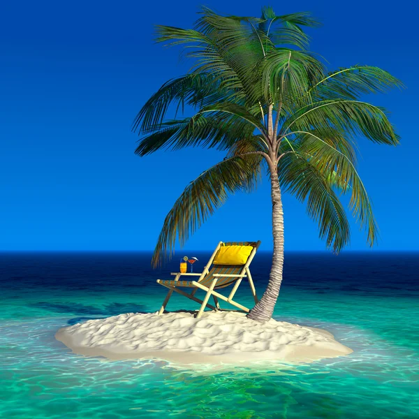 Una piccola isola tropicale con una chaise longue sulla spiaggia — Foto Stock