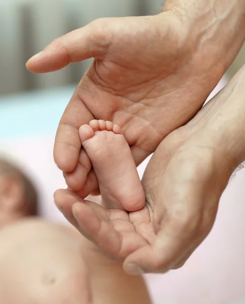 stock image The little baby's legs in the hands of the big daddy