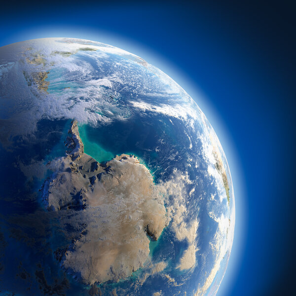A fragment of the Earth with high relief, detailed surface, translucent ocean and atmosphere, illuminated by sunlight