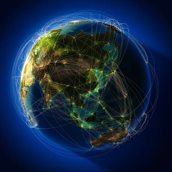 Die wichtigsten globalen Luftverkehrsrouten auf dem Globus — Stockfoto