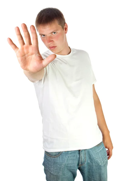 年轻男子作出停止标志用他的手 — 图库照片