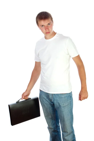 Genç adam beyaz üzerine siyah plastik kılıf — Stok fotoğraf
