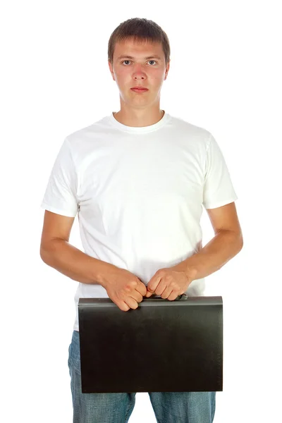 Young man with black plastic case on white — Stock Photo, Image