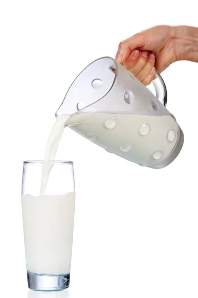 Hand pouring milk in glass — Stock Photo, Image
