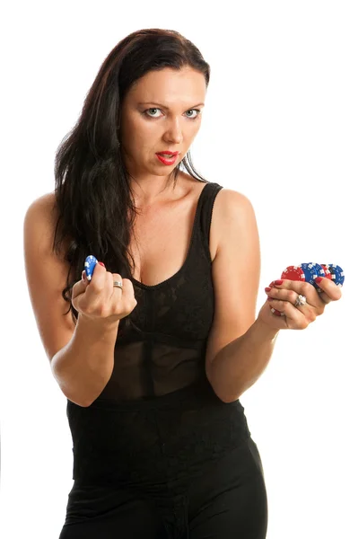 Woman holding poker chips — Stock Photo, Image