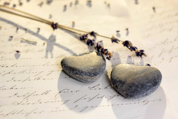Stone hearts with old letter — Stock Photo, Image
