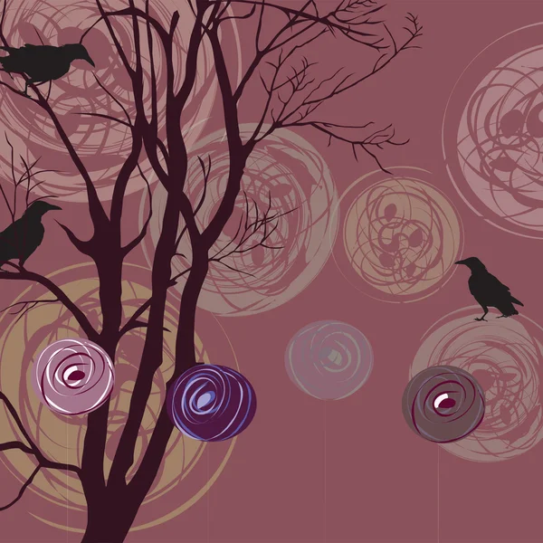 Arrière-plan avec arbre, corbeaux et éléments abstraits — Image vectorielle