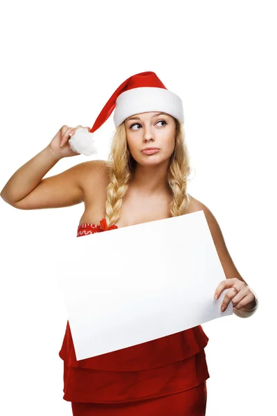 持有空板圣诞老人帽子的女人 — 图库照片