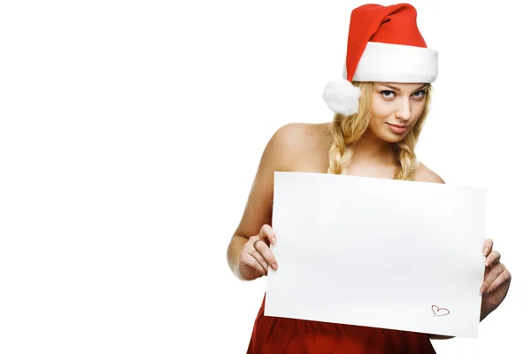 Christmas woman in santa hat holding empty board — Stock Photo, Image