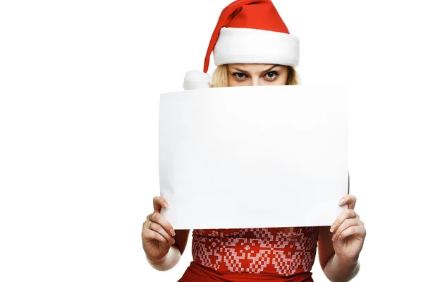 Boş tahta holding santa şapka Noel kadın — Stok fotoğraf