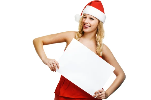Boş tahta holding santa şapka Noel kadın — Stok fotoğraf