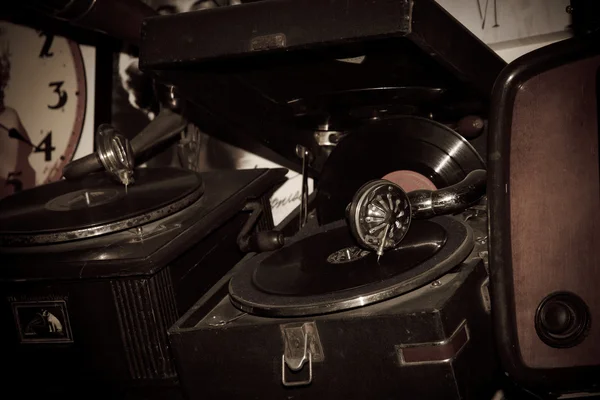 Two vintage gramophones. Aged style photo. — Stock Photo, Image