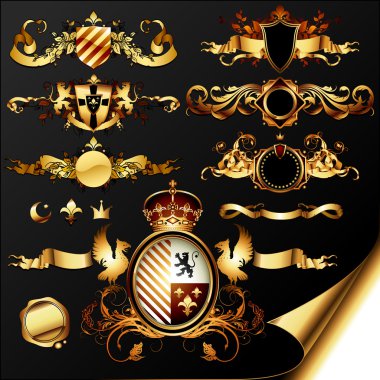 Set of ornamental golden heraldic elements clipart