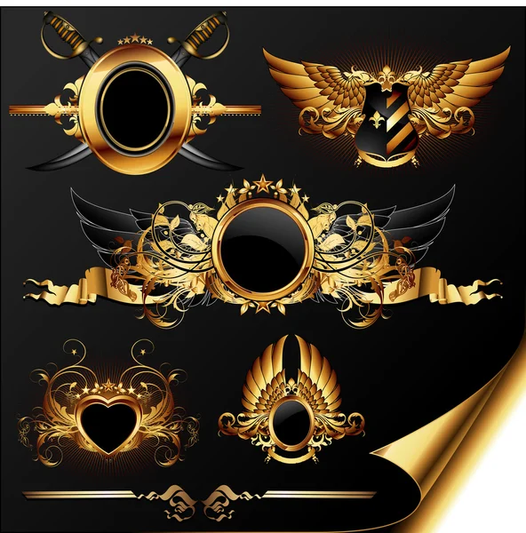 Serie di elementi ornamentali araldici dorati — Vettoriale Stock