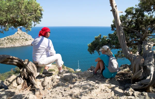 stock image Two travelers from the cliff admiring the sea