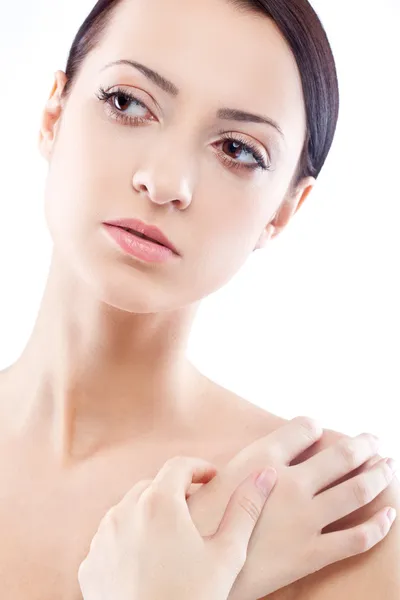 Woman closeup portrait with hand on shoulder — Stock Photo, Image