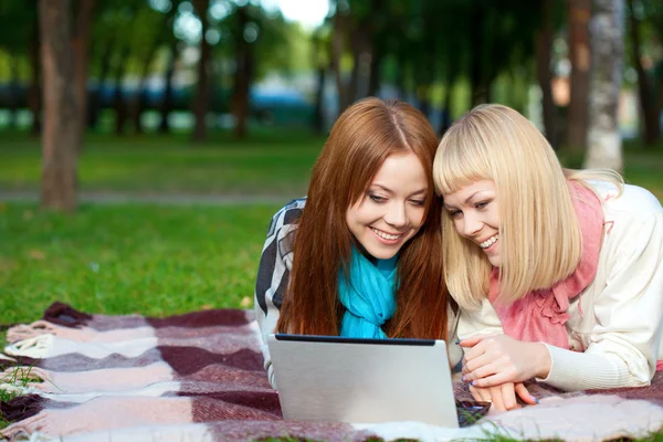 Twee vrolijke zusters met laptop in het park — Stockfoto